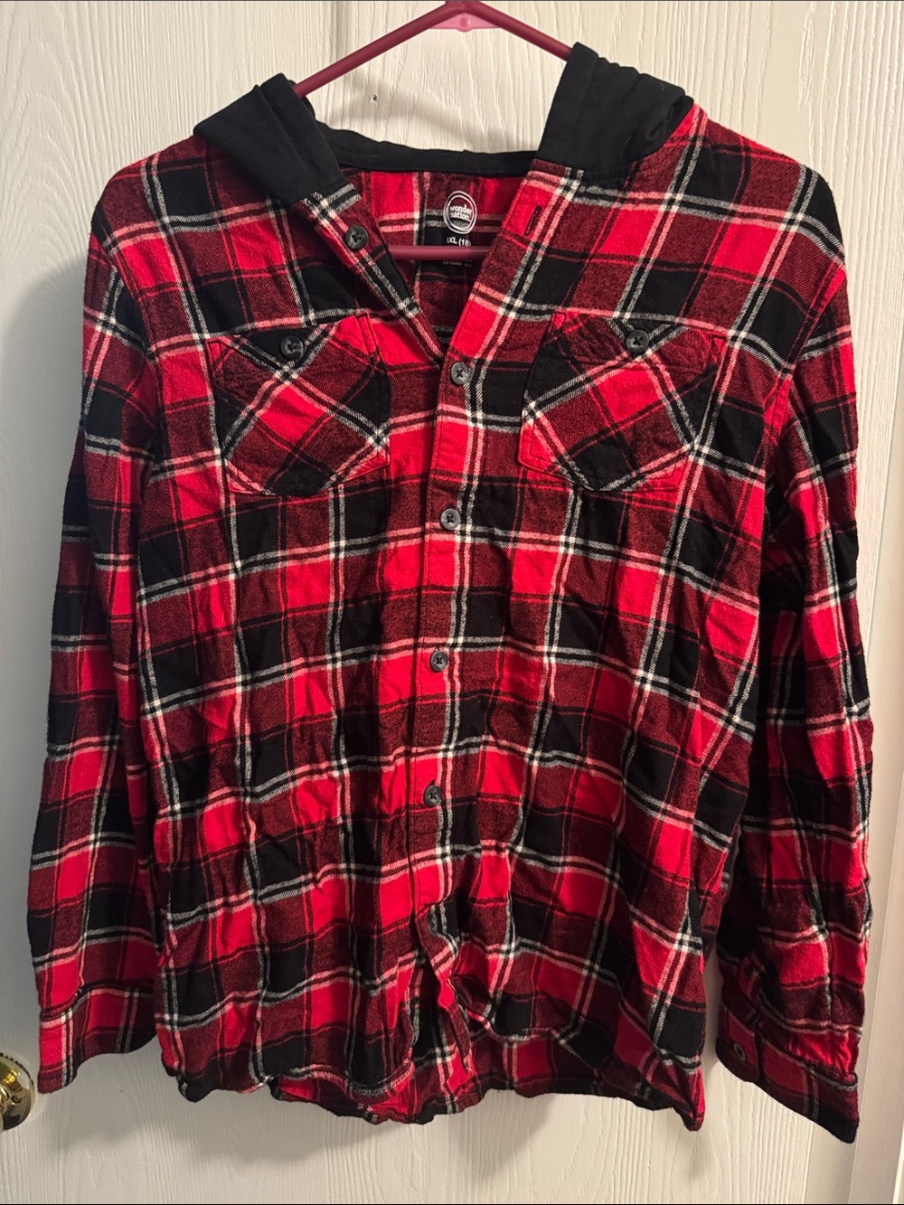 wonder nation Red and Black Plaid Button-Down Hooded Shirt